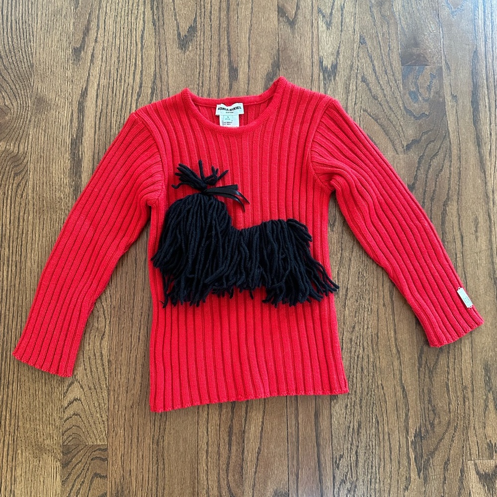 Sonia Rykiel Dog Fringe Red Wool Sweater Designer Sz 4 Years